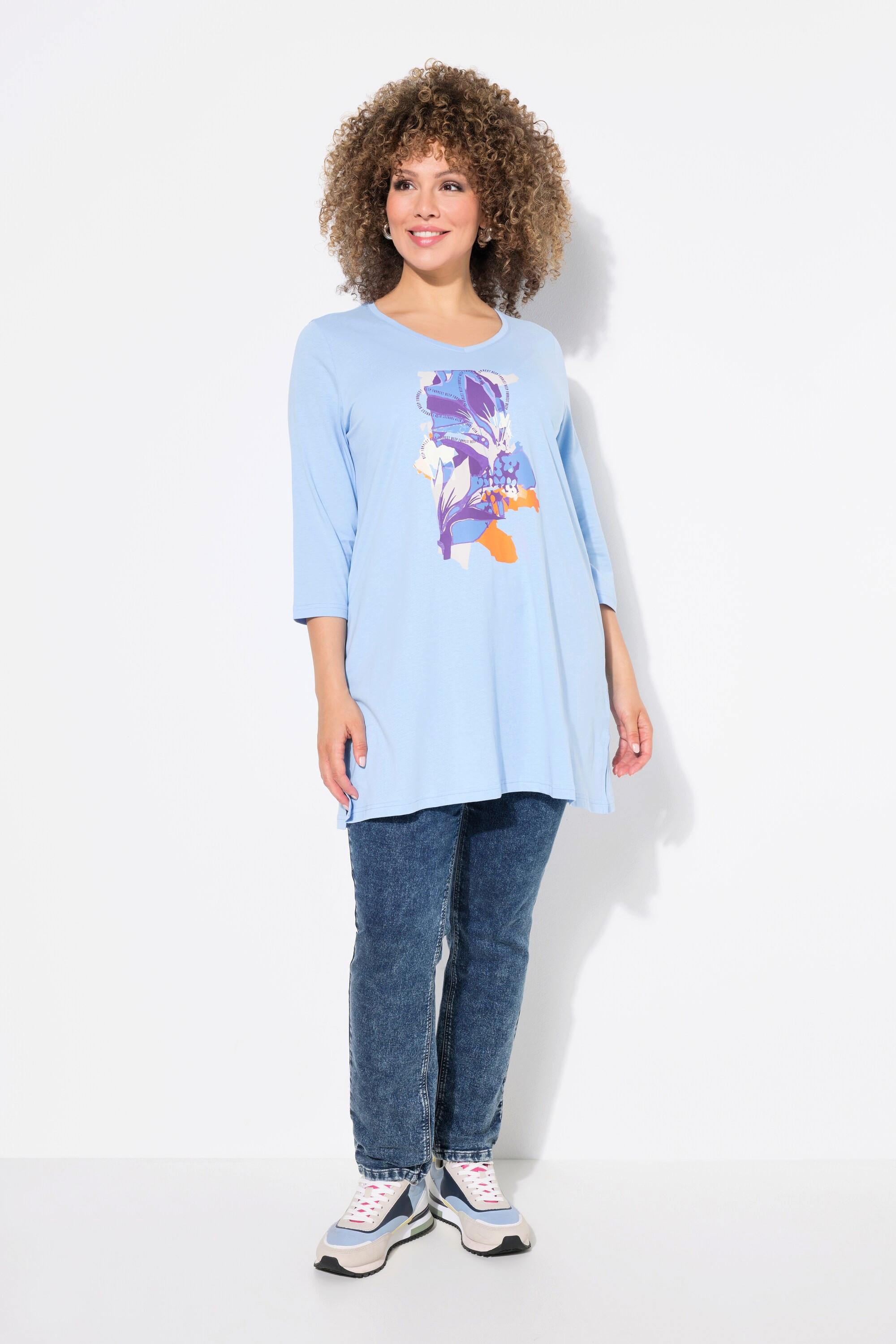 Ulla Popken  Longshirt, Blüten, A-Linie, V-Ausschnitt, 3/4-Arm 