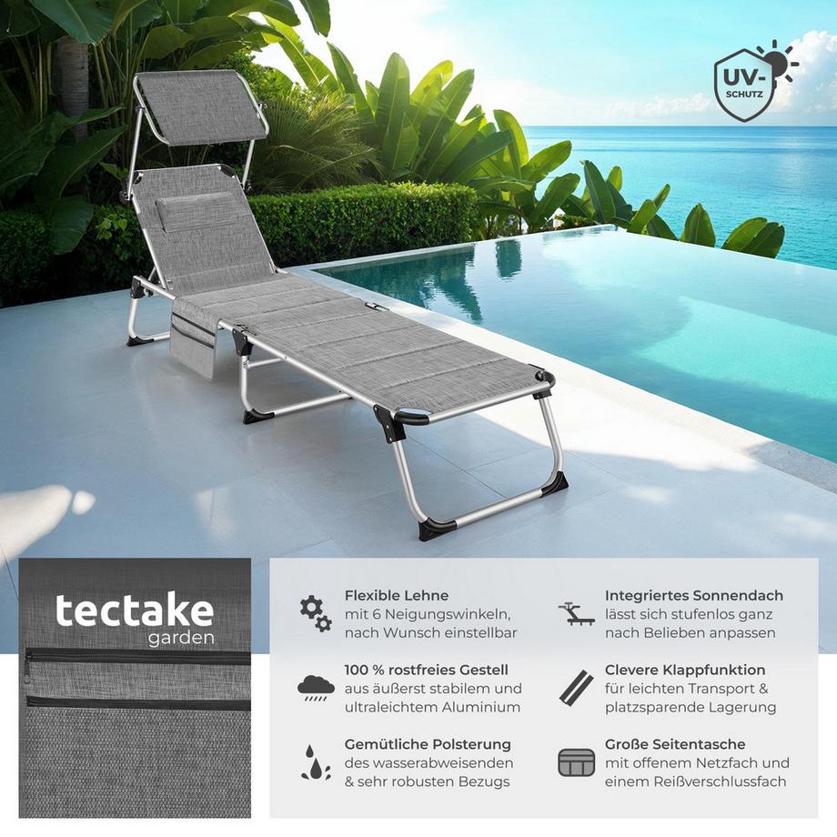 Tectake Sonnenliege Lorella gepolstert, klappbar mit Aluminiumgestell, stufenlos verstellbares Sonnendach  