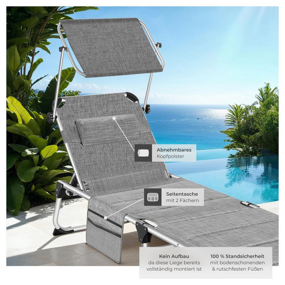 Tectake Sonnenliege Lorella gepolstert, klappbar mit Aluminiumgestell, stufenlos verstellbares Sonnendach  
