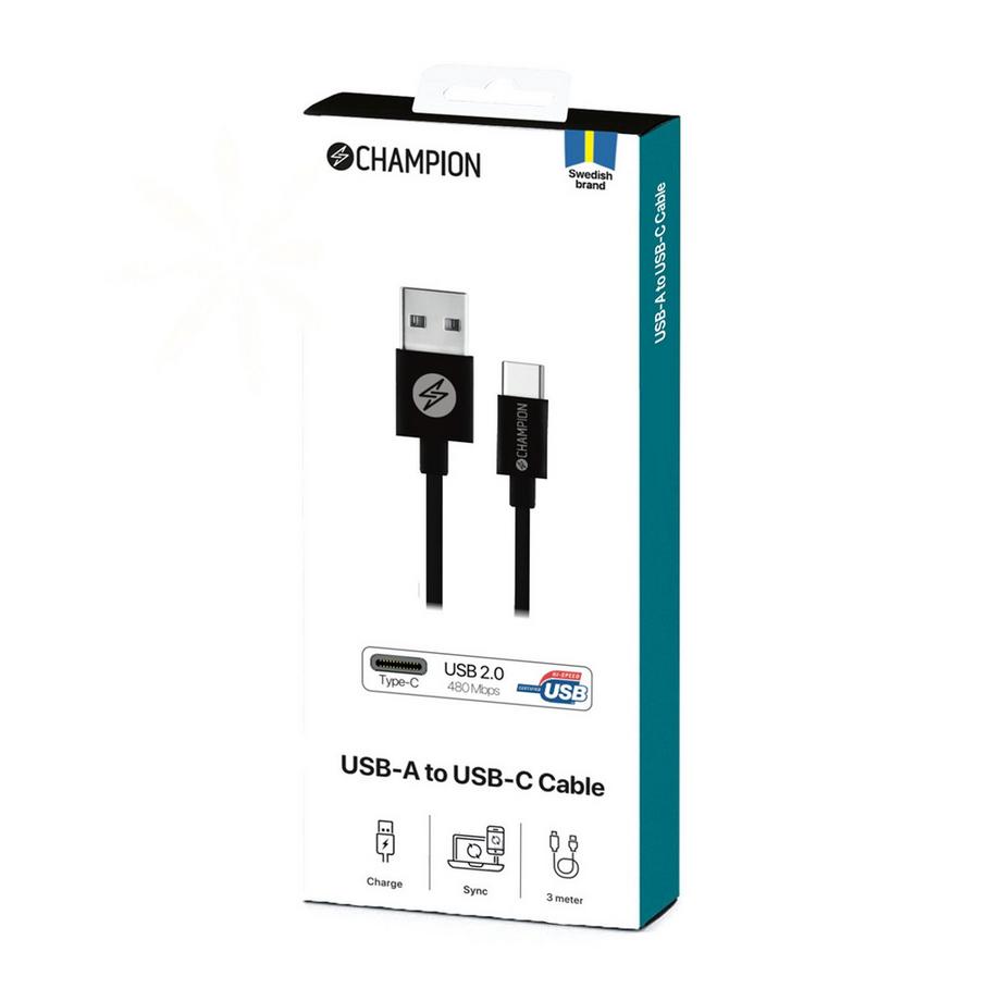 Champion  USB-A-auf-USB-C-Kabel, 3 m, Schwarz 