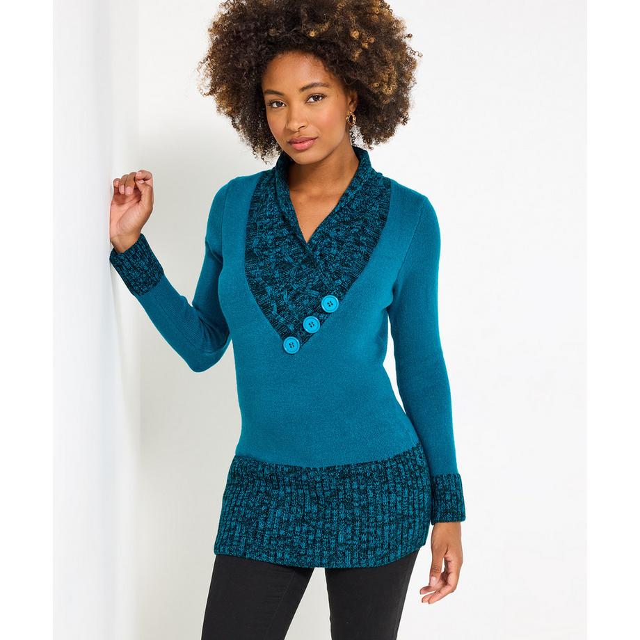 Pull douillet à col châle et détails boutonnés