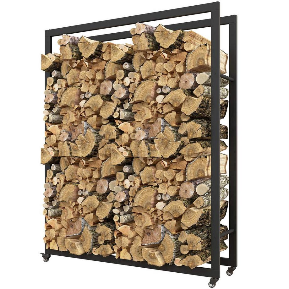 Râtelier à bois de chauffage à roulettes, mobile, structure en métal, jusqu'à 150 kg, 120 x 32 x 151 cm, noir