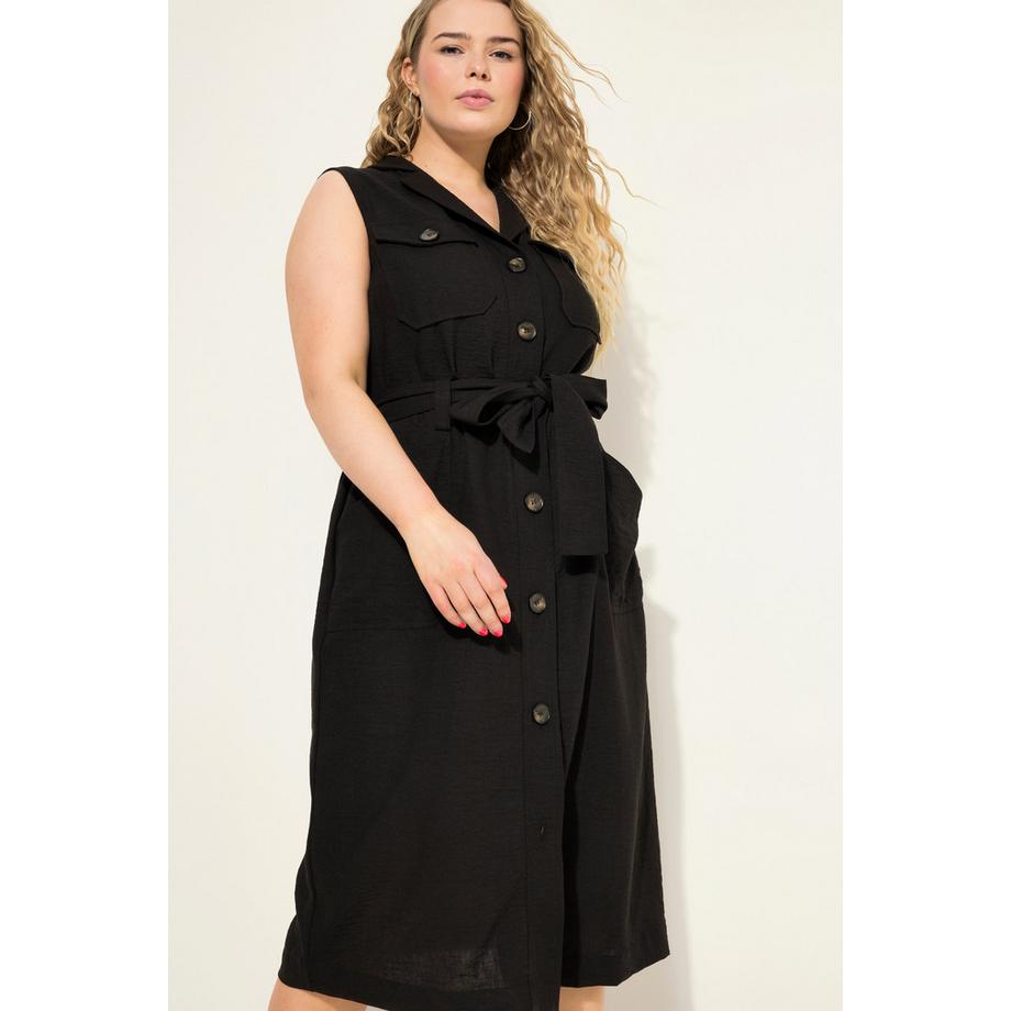 Studio Untold Robe midi style militaire sans manches lin mélangé ceinture à nouer col à revers patte de boutonnage  