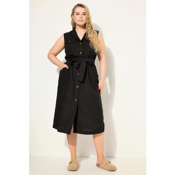 Robe midi style militaire sans manches en lin mélangé avec ceinture à nouer, col à revers et patte de boutonnage