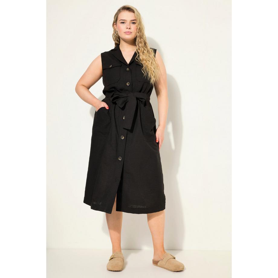 Studio Untold Robe midi style militaire sans manches lin mélangé ceinture à nouer col à revers patte de boutonnage  