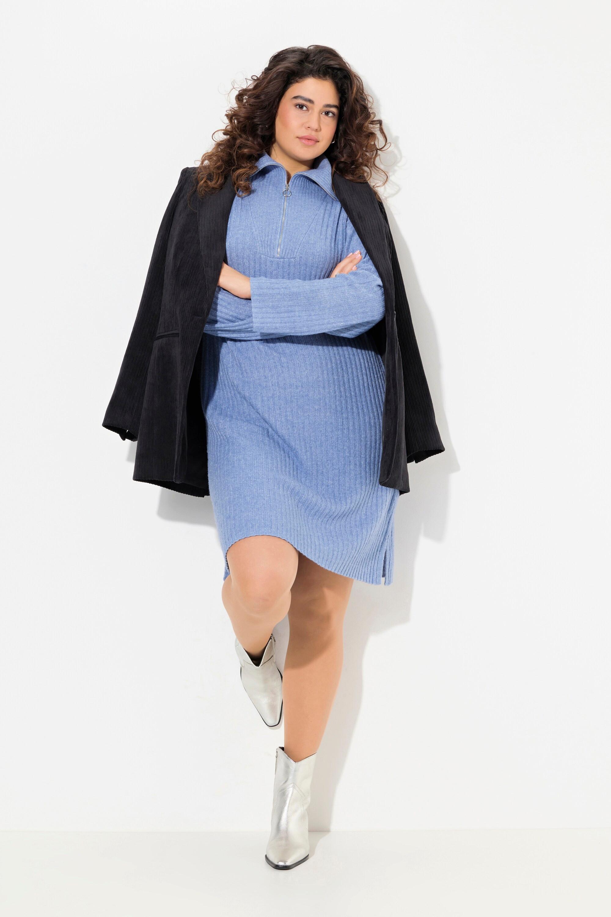 Ulla Popken Abito di maglia a costine taglio svasato collo polo maniche lunghe  