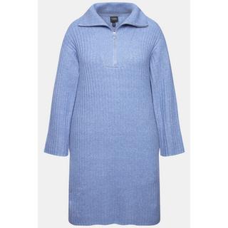 Ulla Popken Abito di maglia a costine taglio svasato collo polo maniche lunghe  