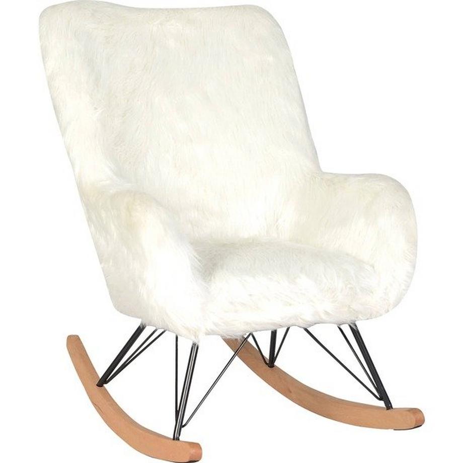 mutoni  Schaukelstuhl Bezug Fell weiss Holzkufen schwarz 
