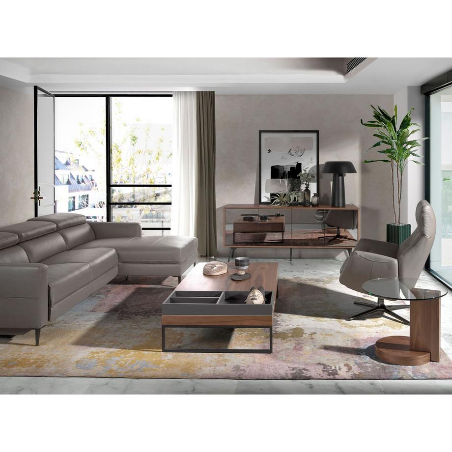 ANGEL CERDA Table d'angle ronde en verre trempé et noyer  