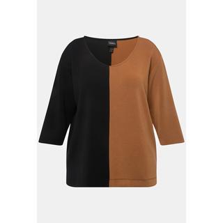 Ulla Popken  Sweat-shirt à col rond et manches 3/4, à-plats de couleurs 