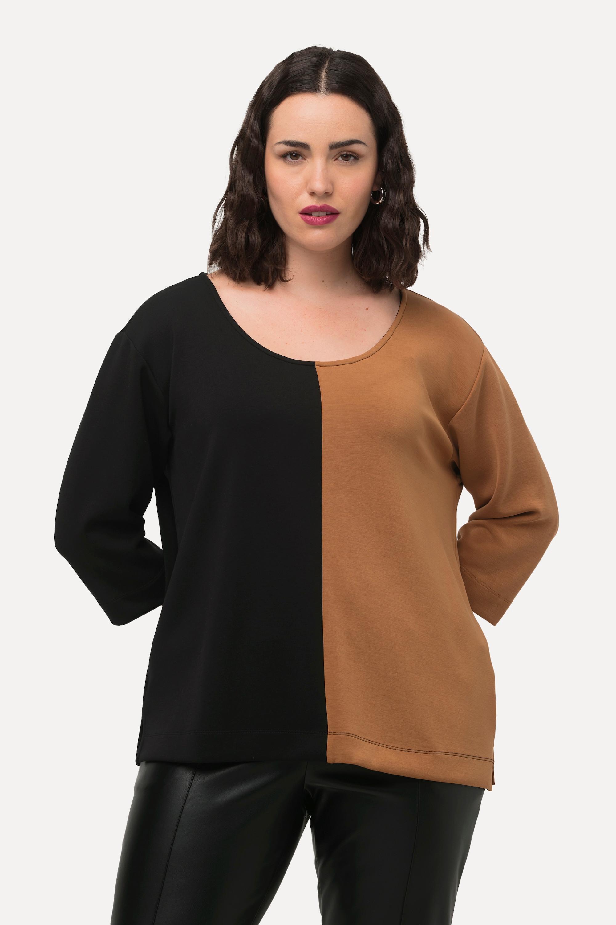 Ulla Popken  Sweat-shirt à col rond et manches 3/4, à-plats de couleurs 