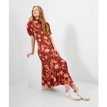 Oversized Vintage-Jerseykleid mit Puffärmeln und herbstlichem Muster