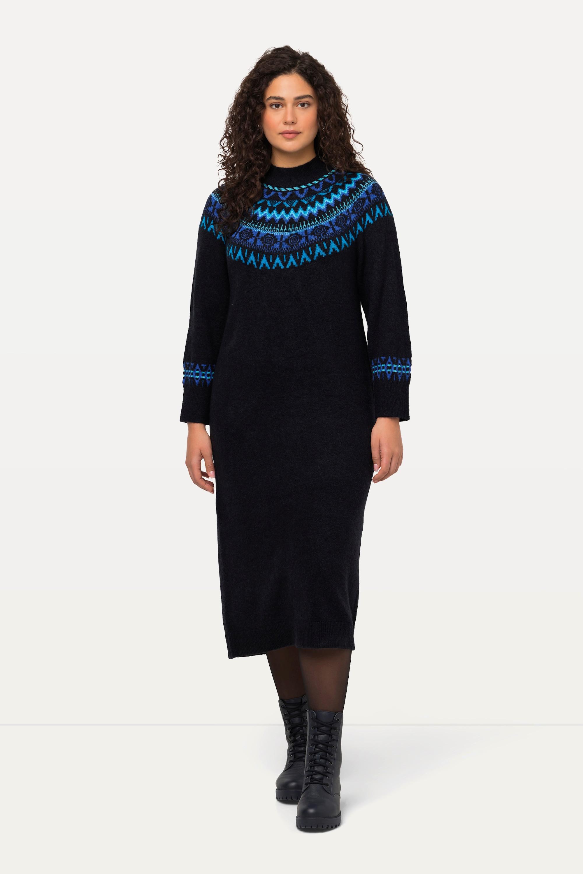 Ulla Popken  Abito midi in maglia in stile norvegese con scollo a girocollo e maniche lunghe 