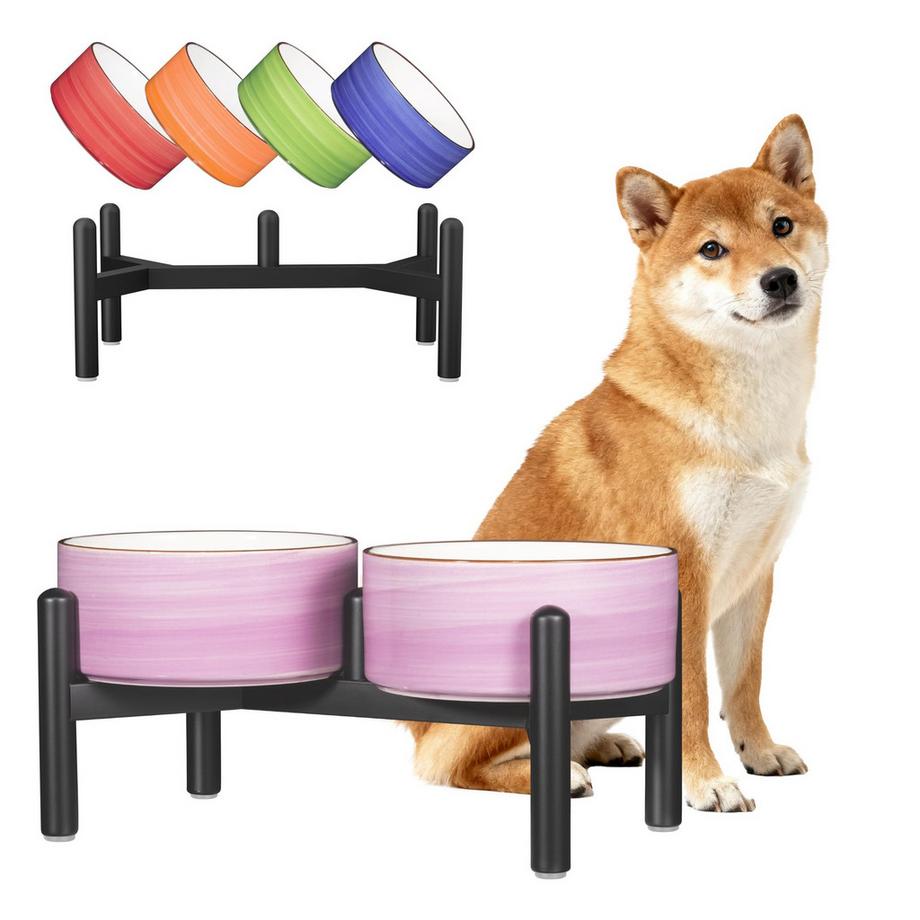 Bol pour Chien en Céramique Surélevé avec Support en Acier Inoxydable - Belle Station d'alimentation à Double Bol