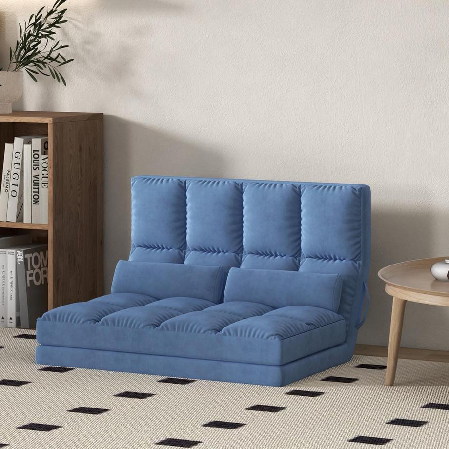Northio Bodenstuhl 2In1 Bodensessel Klappbett Rückenlehne 3 Positionen Verstellbar Sitzkissen Samt Stahl Blau 102X73X60Cm  