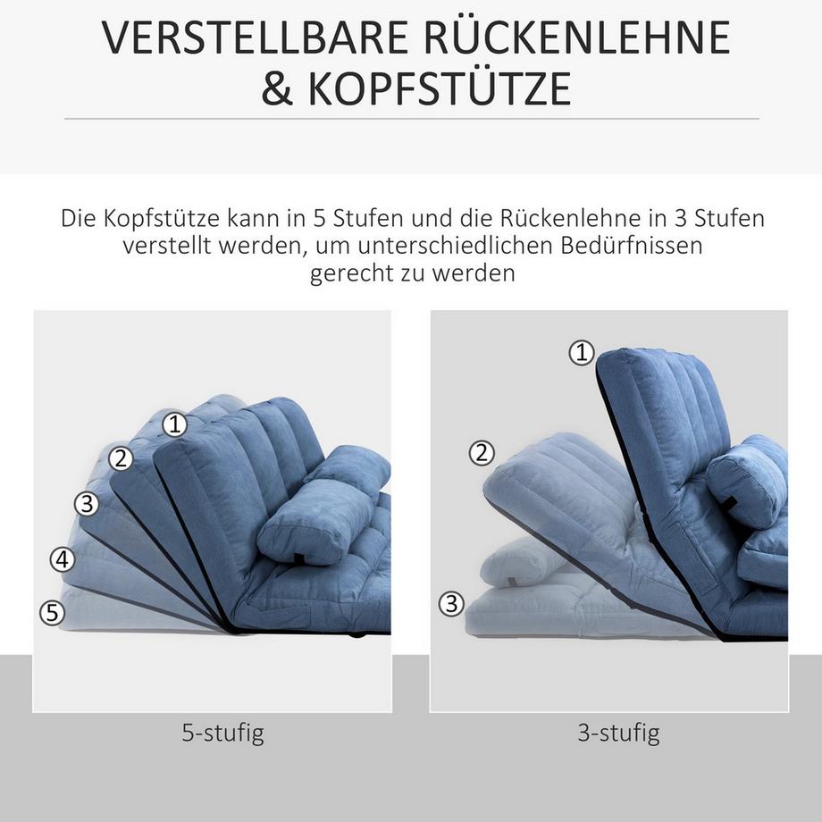 Northio Bodenstuhl 2In1 Bodensessel Klappbett Rückenlehne 3 Positionen Verstellbar Sitzkissen Samt Stahl Blau 102X73X60Cm  