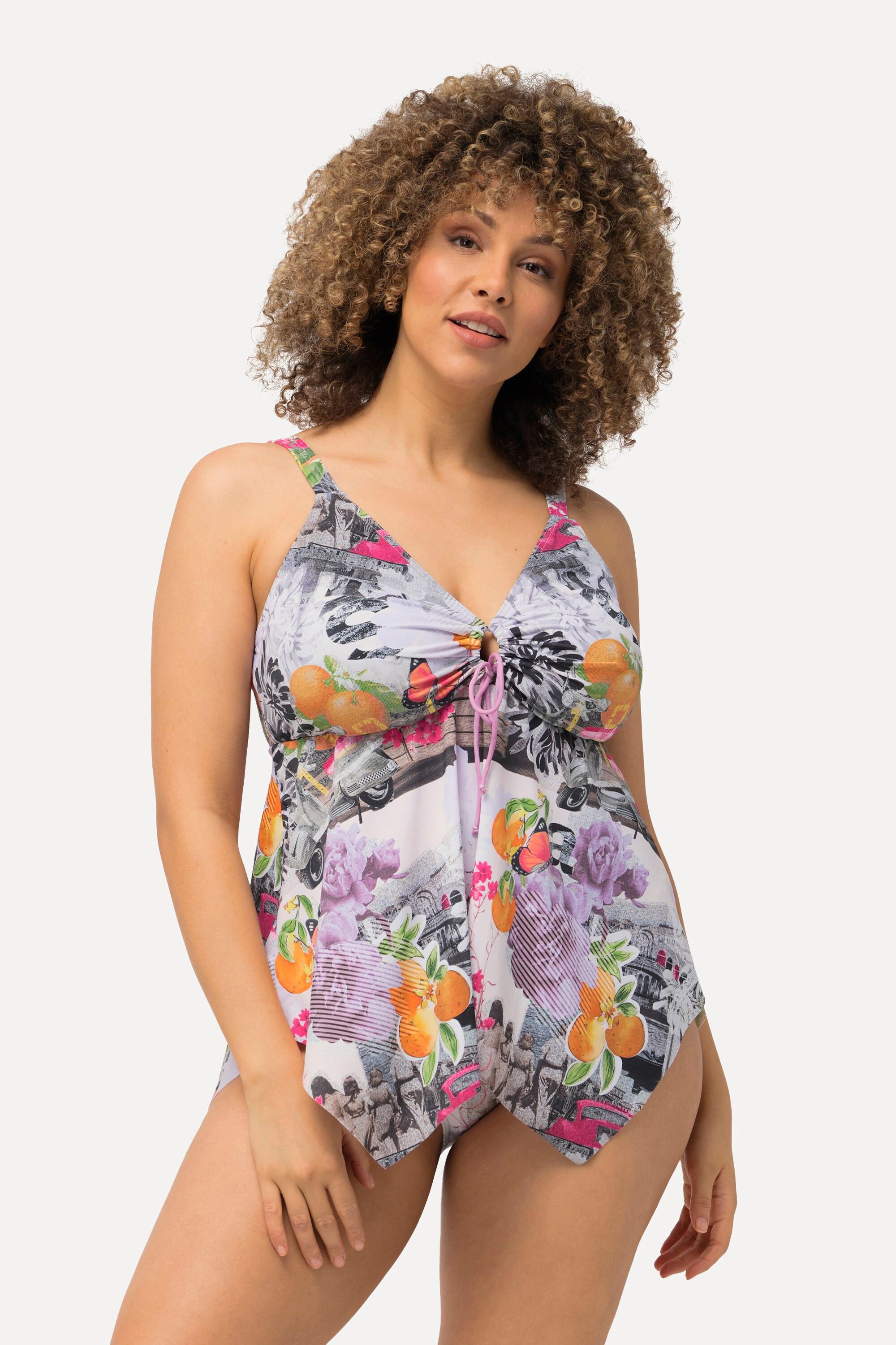 Ulla Popken  Tankini avec bonnets souples. Imprimé boussoles. Bretelles ajustables. Base se terminant en pointe de chaque côté. 