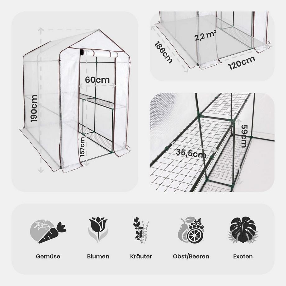 Arebos Serre en film plastique à 2 étages, Serre précoce 120 x 186 x 190 cm  
