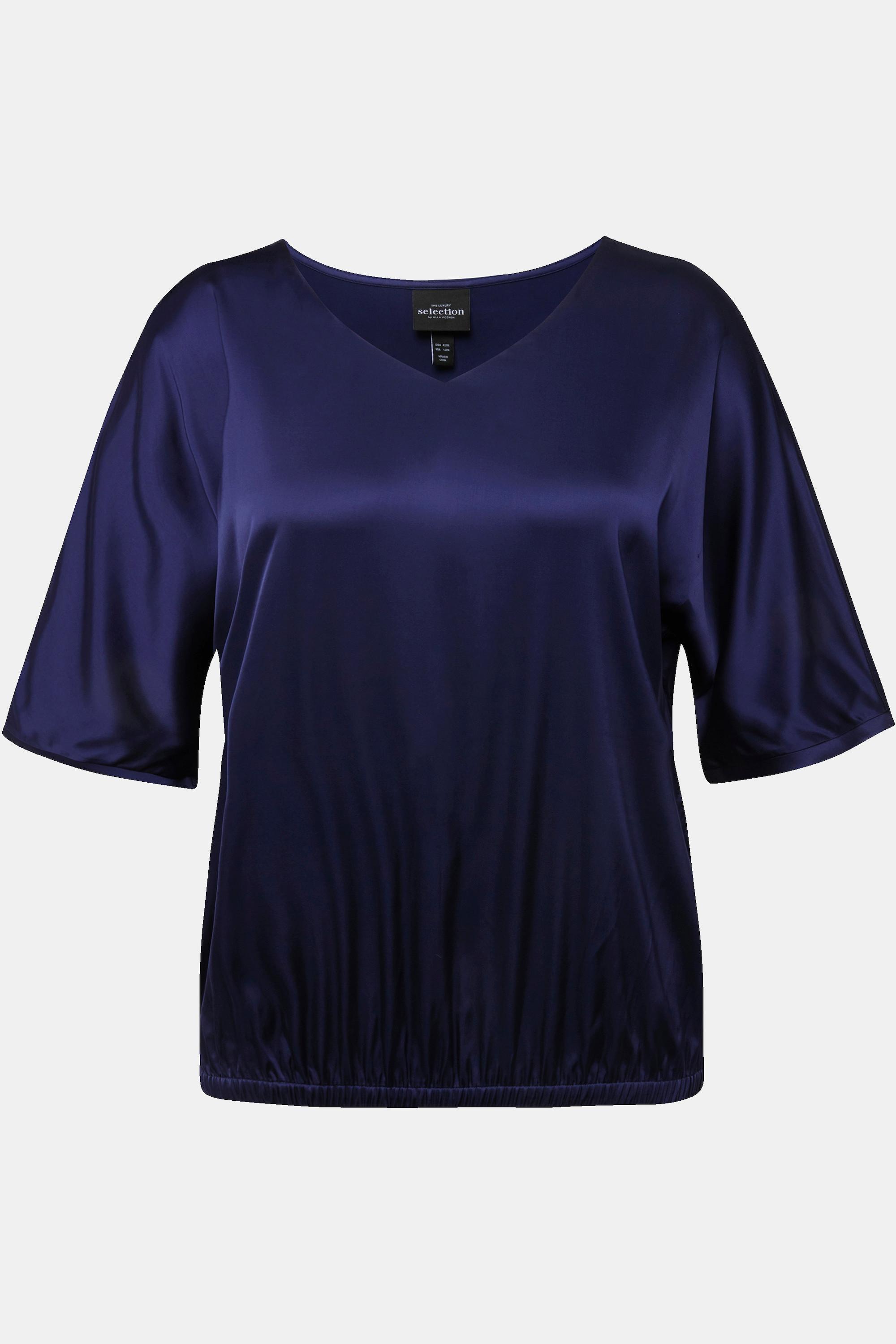 Ulla Popken  Blusa dal taglio oversize in raso con scollo a V, mezze maniche e orlo elastico 