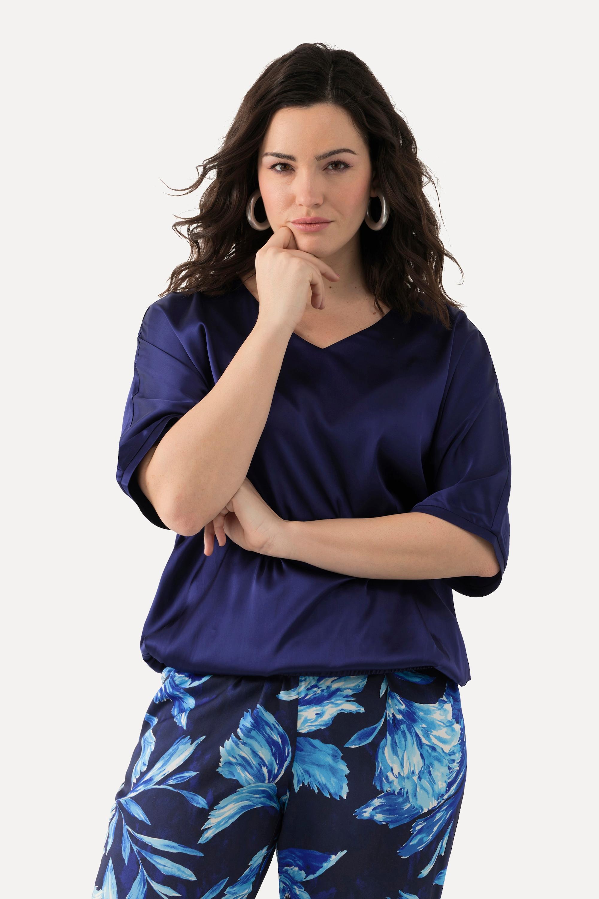 Ulla Popken Blusa in raso oversize Scollo a V Mezza Manica con Orlo Elastico  