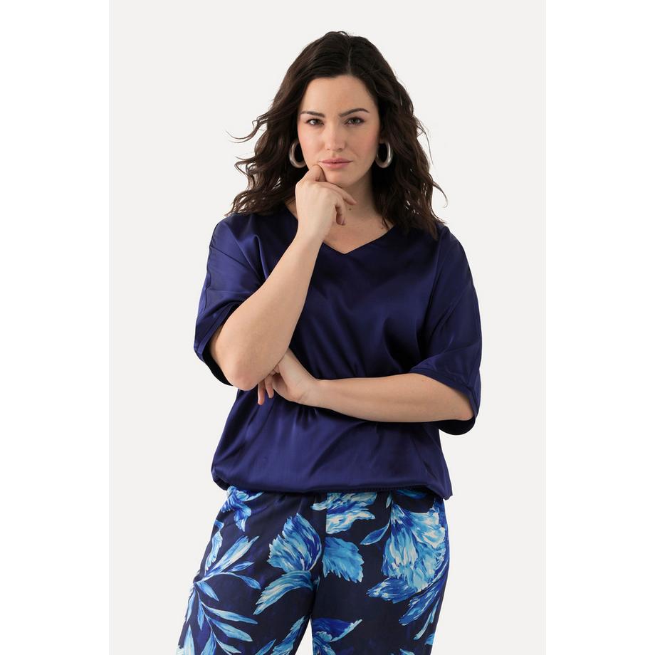 Ulla Popken Satin Oversized V-Ausschnitt Halbarm Bluse mit Gummisaum  