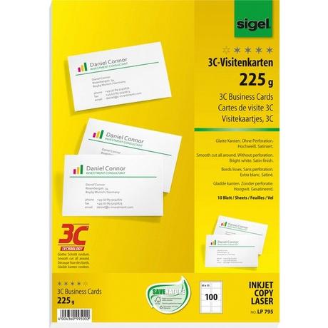 Sigel Sigel Visitenkarten, 3C, 225 gm², 85x55 mm, 100 ST 10 BL  