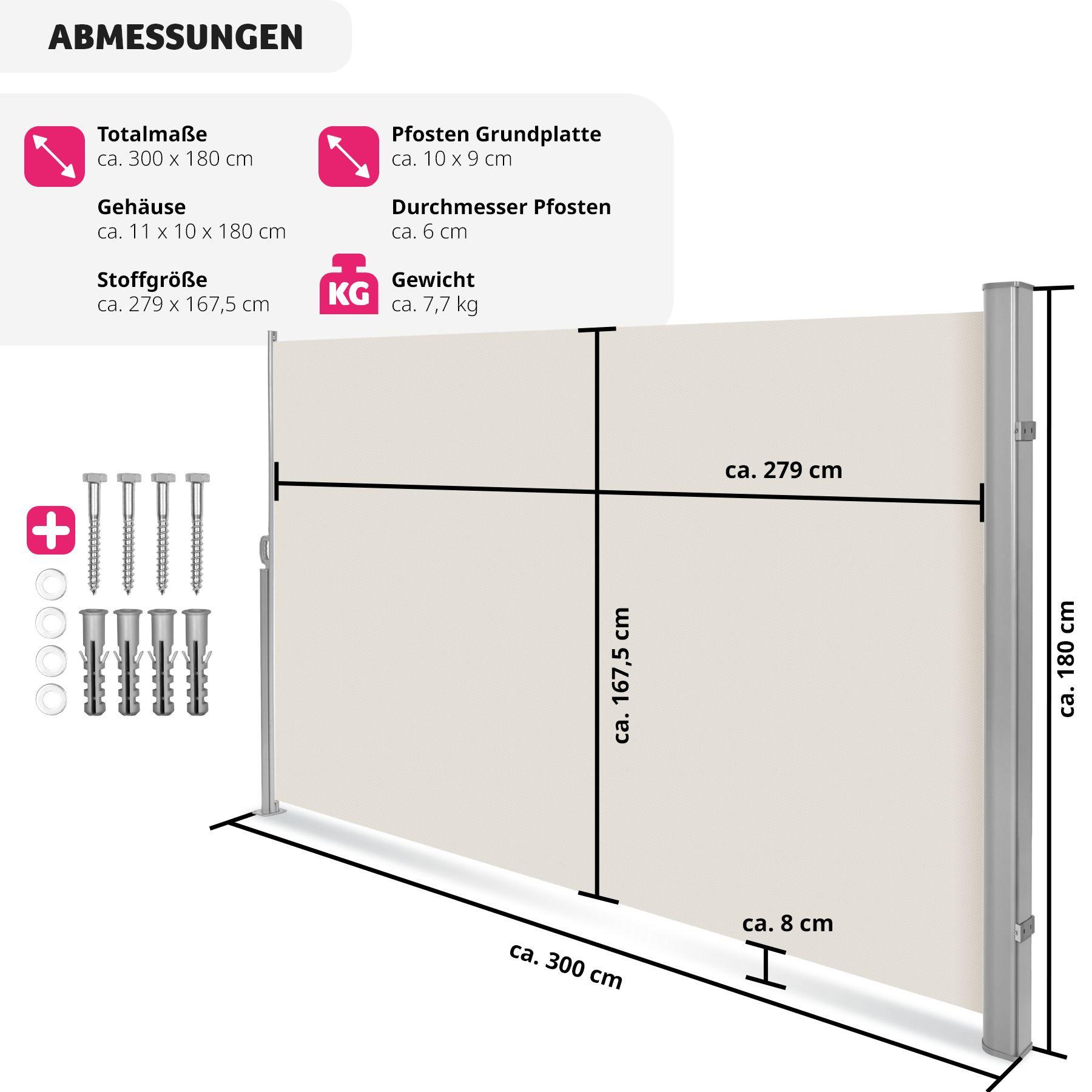 Tectake Aluminium Seitenmarkise ausziehbar mit Aufrollmechanismus  