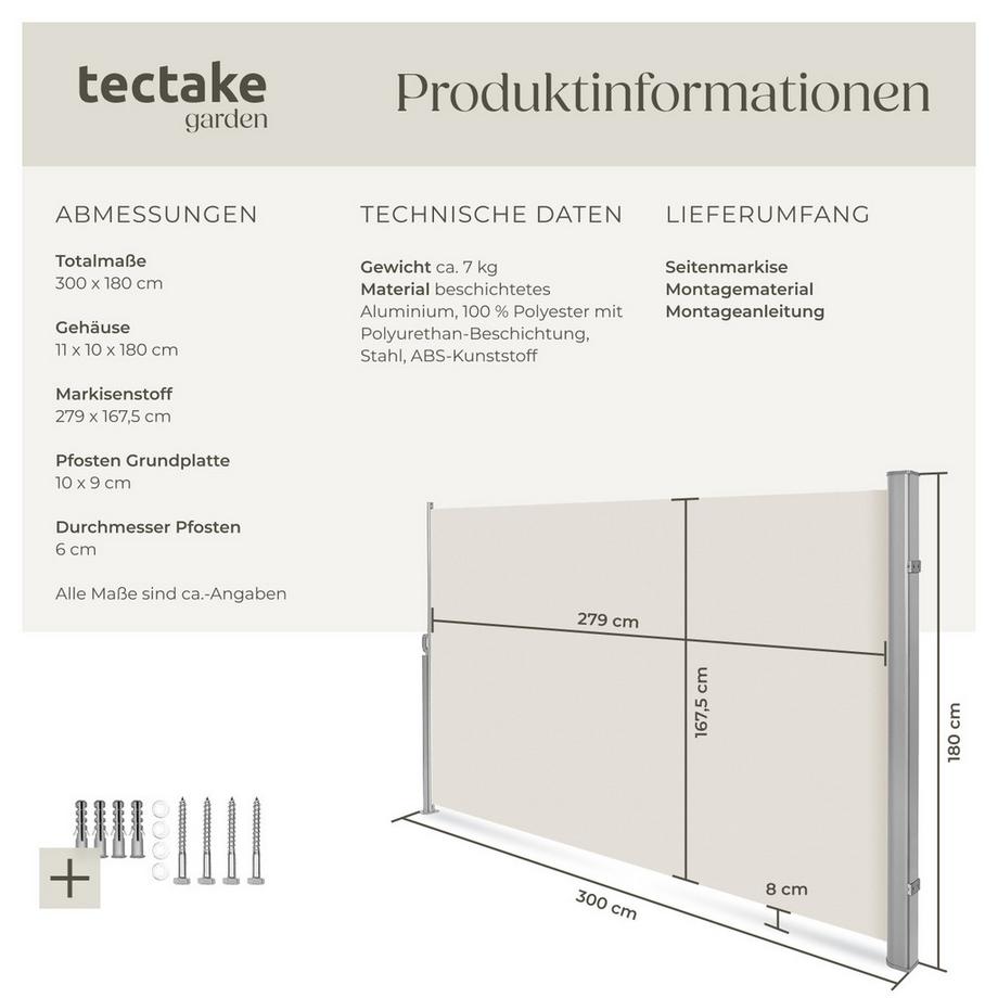 Tectake Seitenmarkise  aus Aluminium ausziehbar, blickdicht und wetterfest  