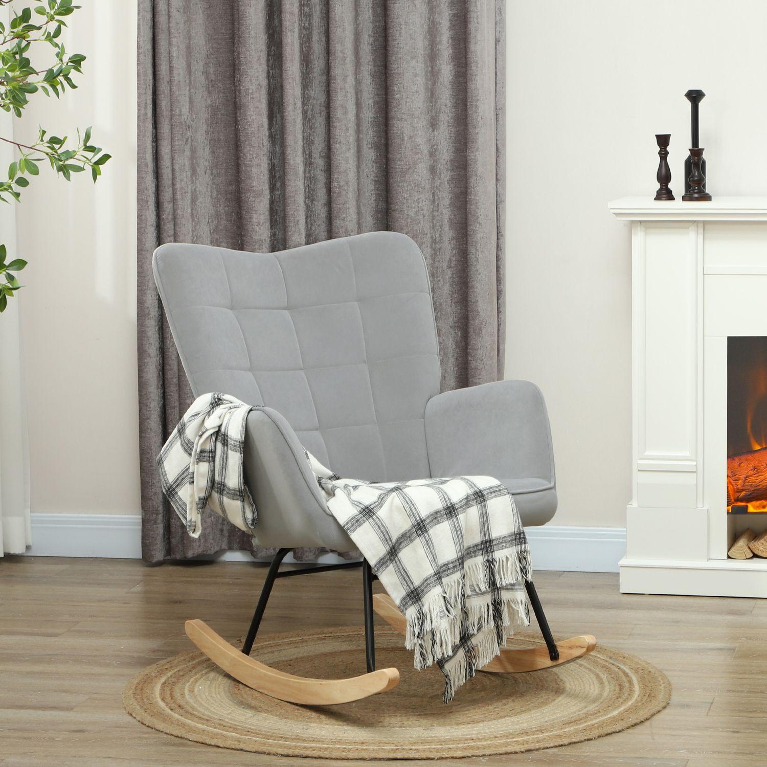 Northio Fauteuil à bascule, fauteuil à bascule aspect velours, accoudoir, fauteuil avec patins en bois, fauteuil de relaxation pour salon, chambre à coucher, gris clair  