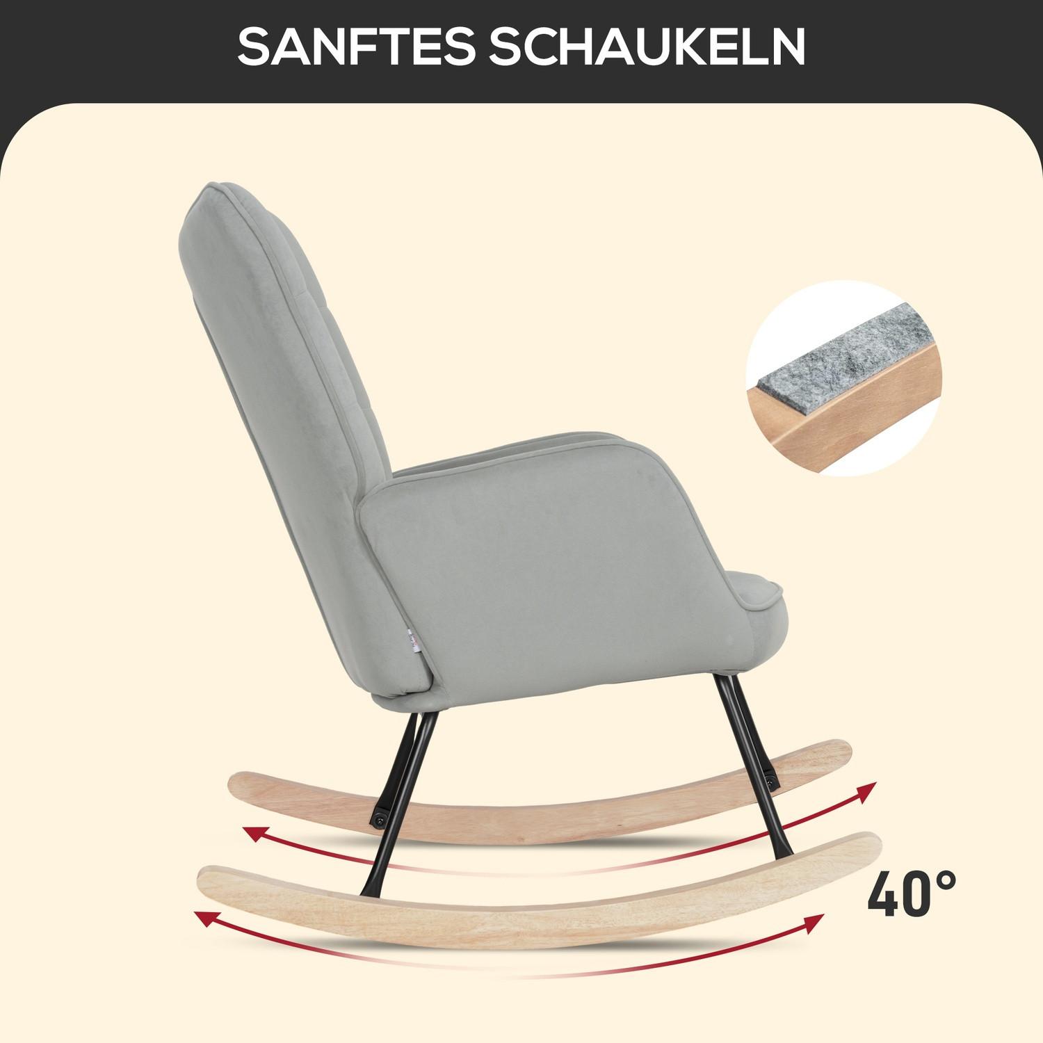 Northio Fauteuil à bascule, fauteuil à bascule aspect velours, accoudoir, fauteuil avec patins en bois, fauteuil de relaxation pour salon, chambre à coucher, gris clair  