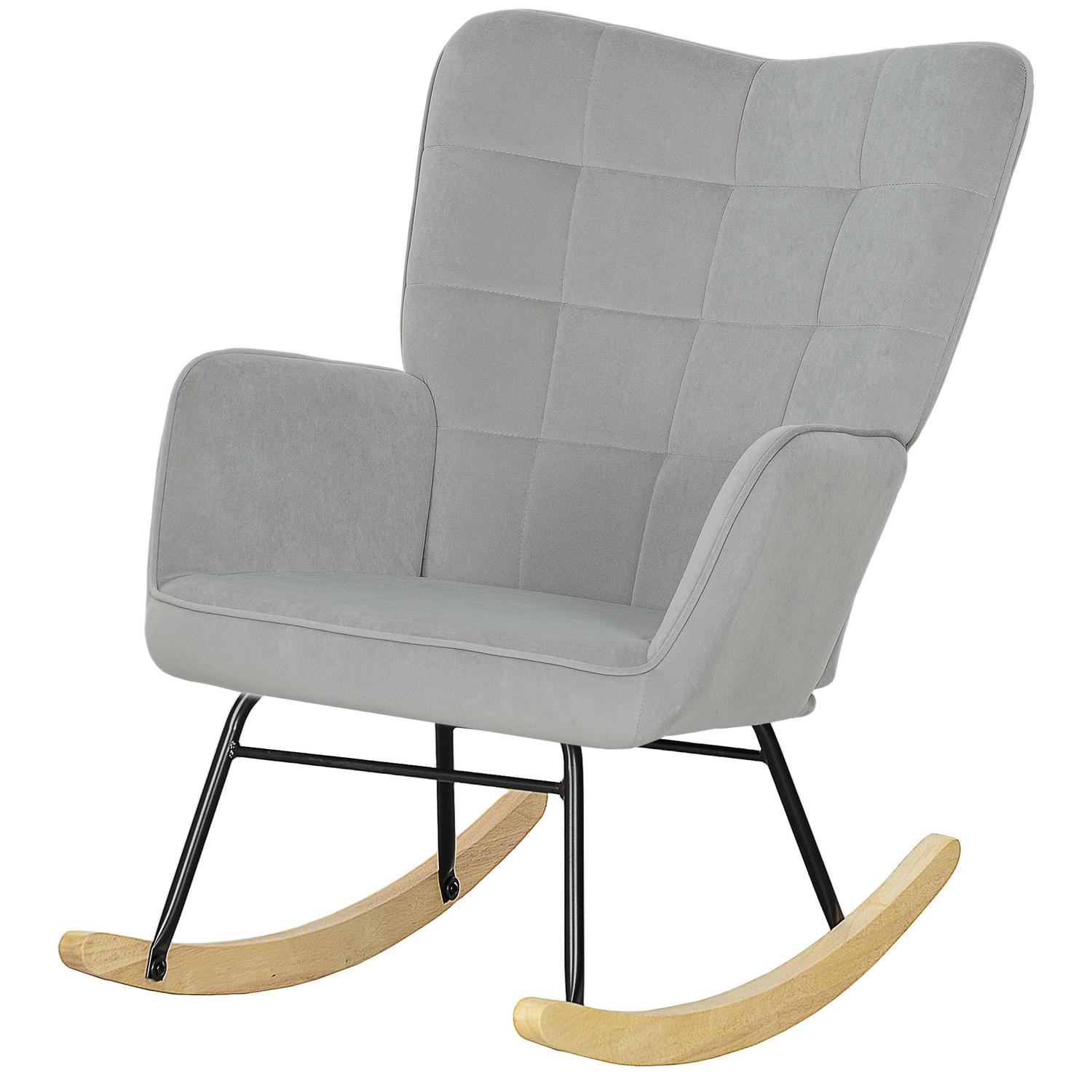 Northio Fauteuil à bascule, fauteuil à bascule aspect velours, accoudoir, fauteuil avec patins en bois, fauteuil de relaxation pour salon, chambre à coucher, gris clair  
