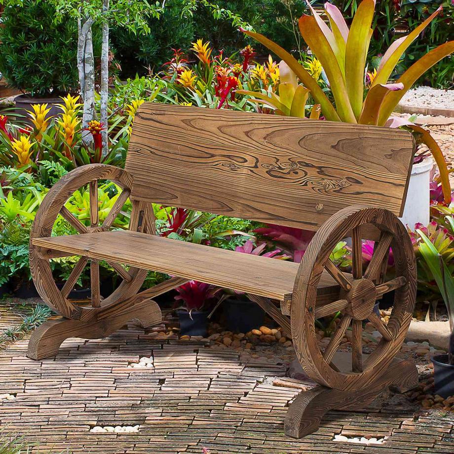 Northio Banc De Jardin Avec Accoudoirs, Banc Design À Roues De Chariot, Meuble De Jardin, Banc Rustique, Bois Massif, Marron, 114 X 58 X 80 Cm  