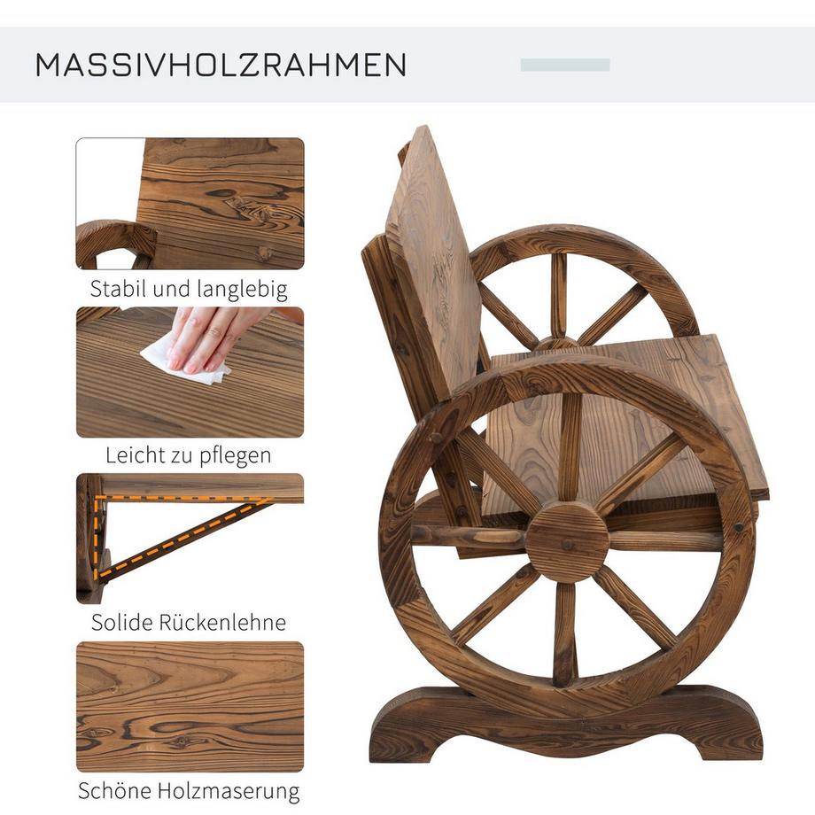 Northio Banc De Jardin Avec Accoudoirs, Banc Design À Roues De Chariot, Meuble De Jardin, Banc Rustique, Bois Massif, Marron, 114 X 58 X 80 Cm  