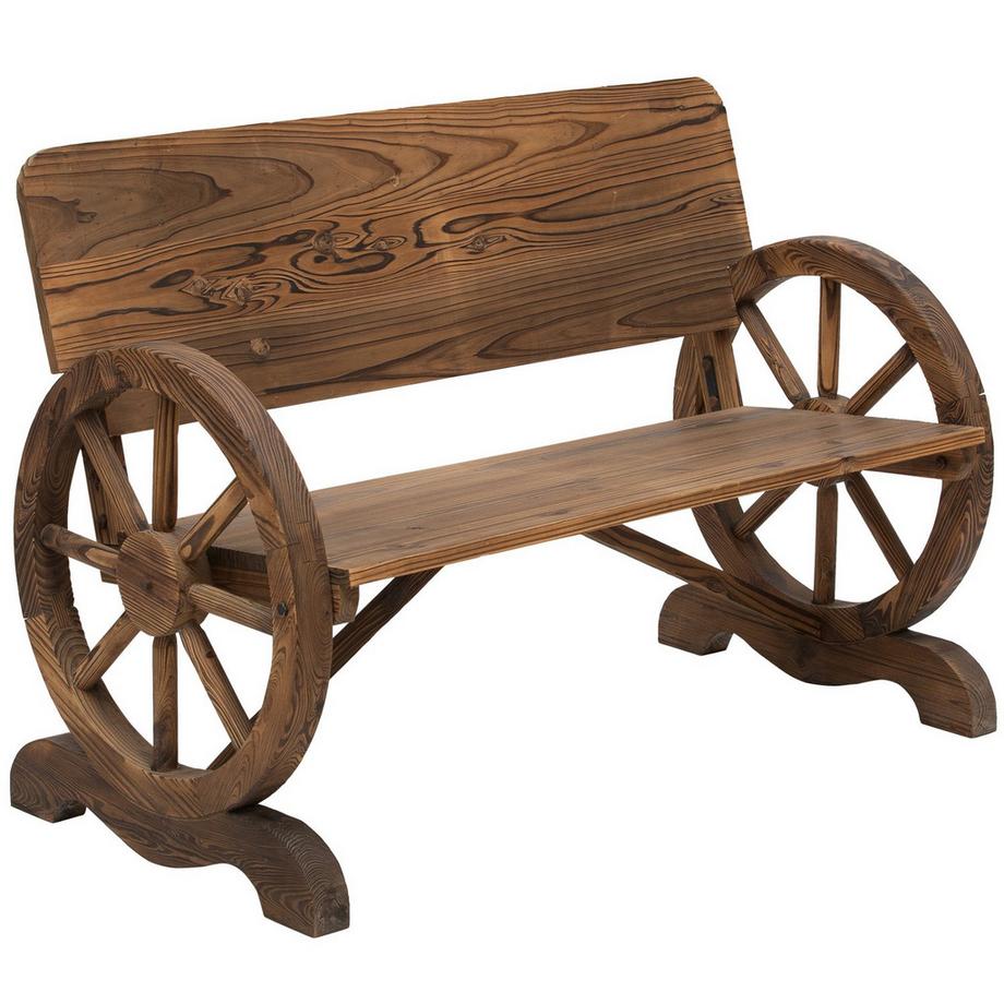 Banc De Jardin Avec Accoudoirs, Banc Design À Roues De Chariot, Meuble De Jardin, Banc Rustique, Bois Massif, Marron, 114 X 58 X 80 Cm