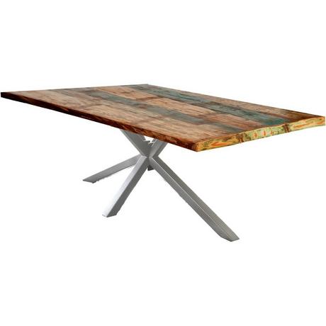 mutoni Table 180x100 cm - bois de récupération coloré - métal argenté antique  