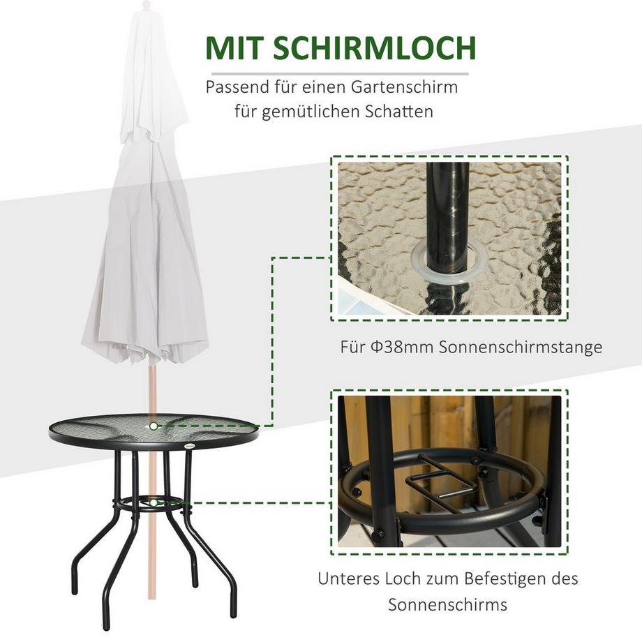 Northio Table De Jardin Table D'Appoint De Jardin Salon De Jardin Table De Balcon Table De Bistro Avec Trou Pour Parasol Verre Trempé + Métal Noir Ø80 X 72 Cm  