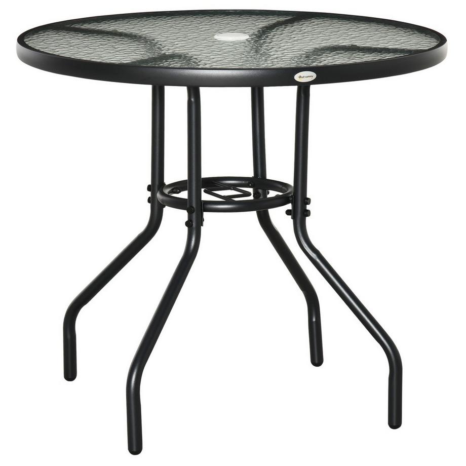 Table De Jardin Table D'Appoint De Jardin Salon De Jardin Table De Balcon Table De Bistro Avec Trou Pour Parasol Verre Trempé + Métal Noir Ø80 X 72 Cm