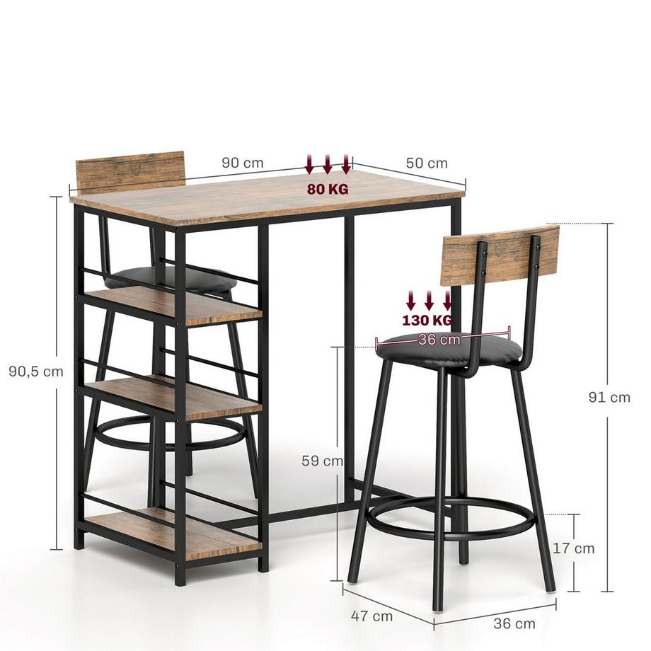 Northio  Table de bar avec tabouret de bar, 3 pièces. Ensemble de table de bar avec table de cuisine 3 étagères 2 chaises de bar Style moderne Salle à manger Cuisine Acier Chêne Aosom 