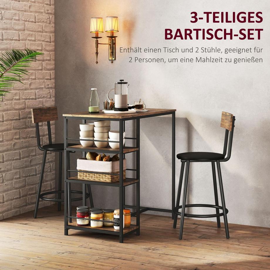 Northio  Table de bar avec tabouret de bar, 3 pièces. Ensemble de table de bar avec table de cuisine 3 étagères 2 chaises de bar Style moderne Salle à manger Cuisine Acier Chêne Aosom 