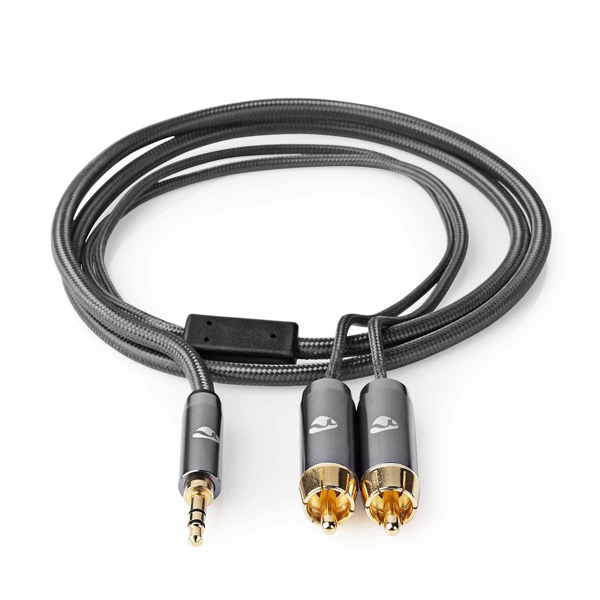 Nedis  Câble audio stéréo | 3,5 mm mâle | 2x RCA mâle | plaqué or | 1,00 m | rond | gris / gris avec métal | carton avec fenêtre couverte 