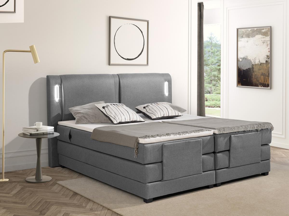 Vente-unique Ensemble complet boxspring tête de lit avec leds + sommiers relaxation électrique + matelas + surmatelas - 2 x 80 x 200 cm - Tissu - Gris clair - ASTEMI de PALACIO  