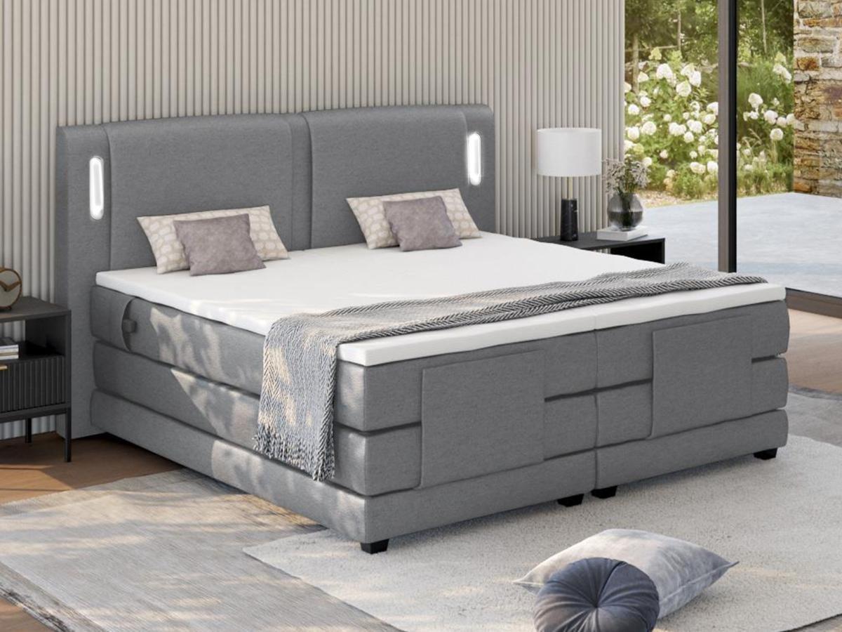 Vente-unique Ensemble complet boxspring tête de lit avec leds + sommiers relaxation électrique + matelas + surmatelas - 2 x 80 x 200 cm - Tissu - Gris clair - ASTEMI de PALACIO  