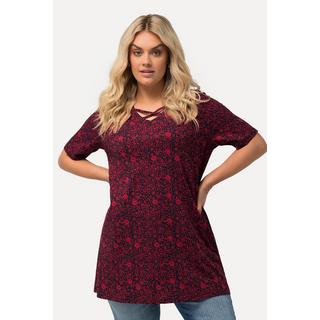 Ulla Popken  T-shirt dal taglio svasato con fiori, scollatura a V e mezze maniche 