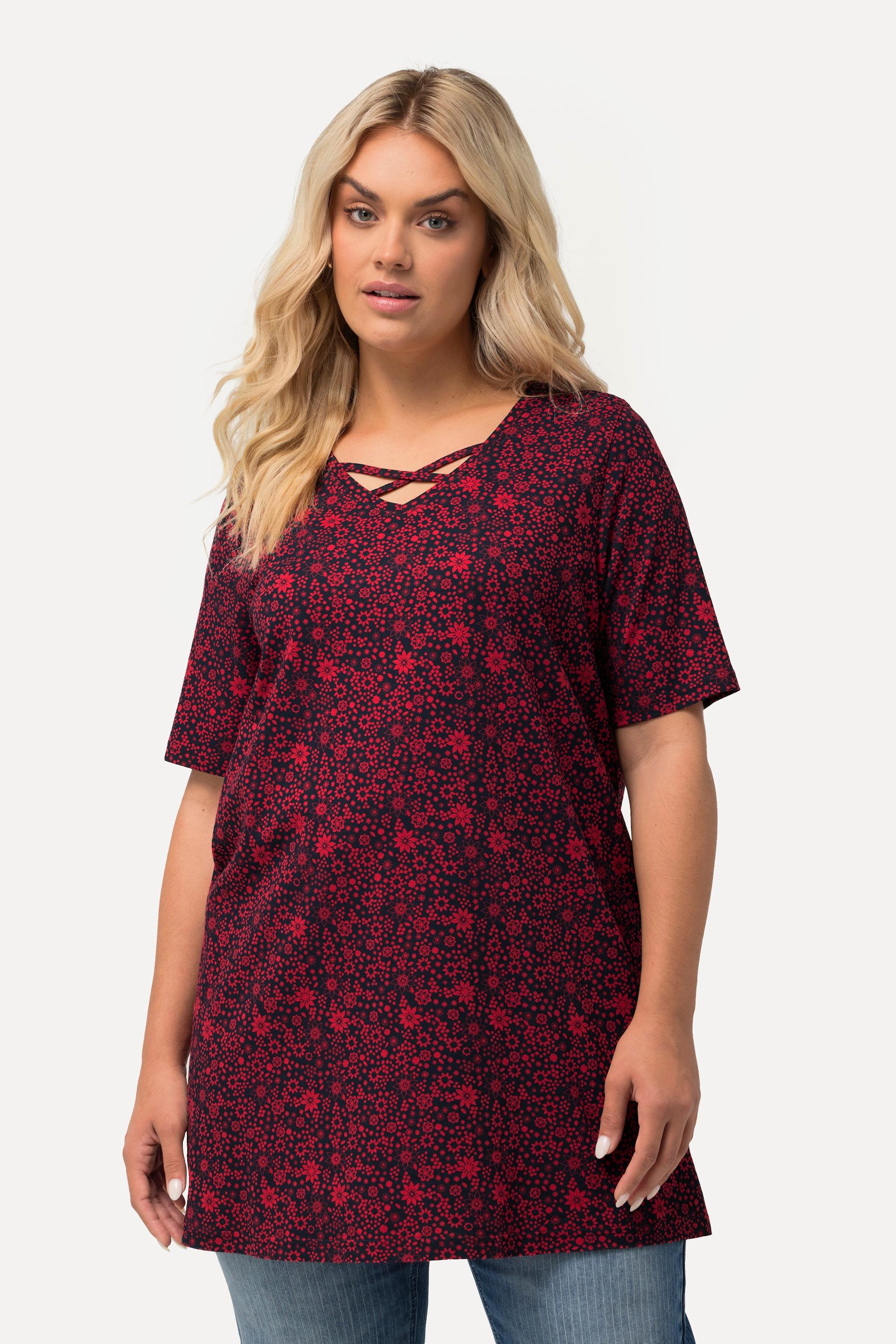 Ulla Popken  T-shirt dal taglio svasato con fiori, scollatura a V e mezze maniche 