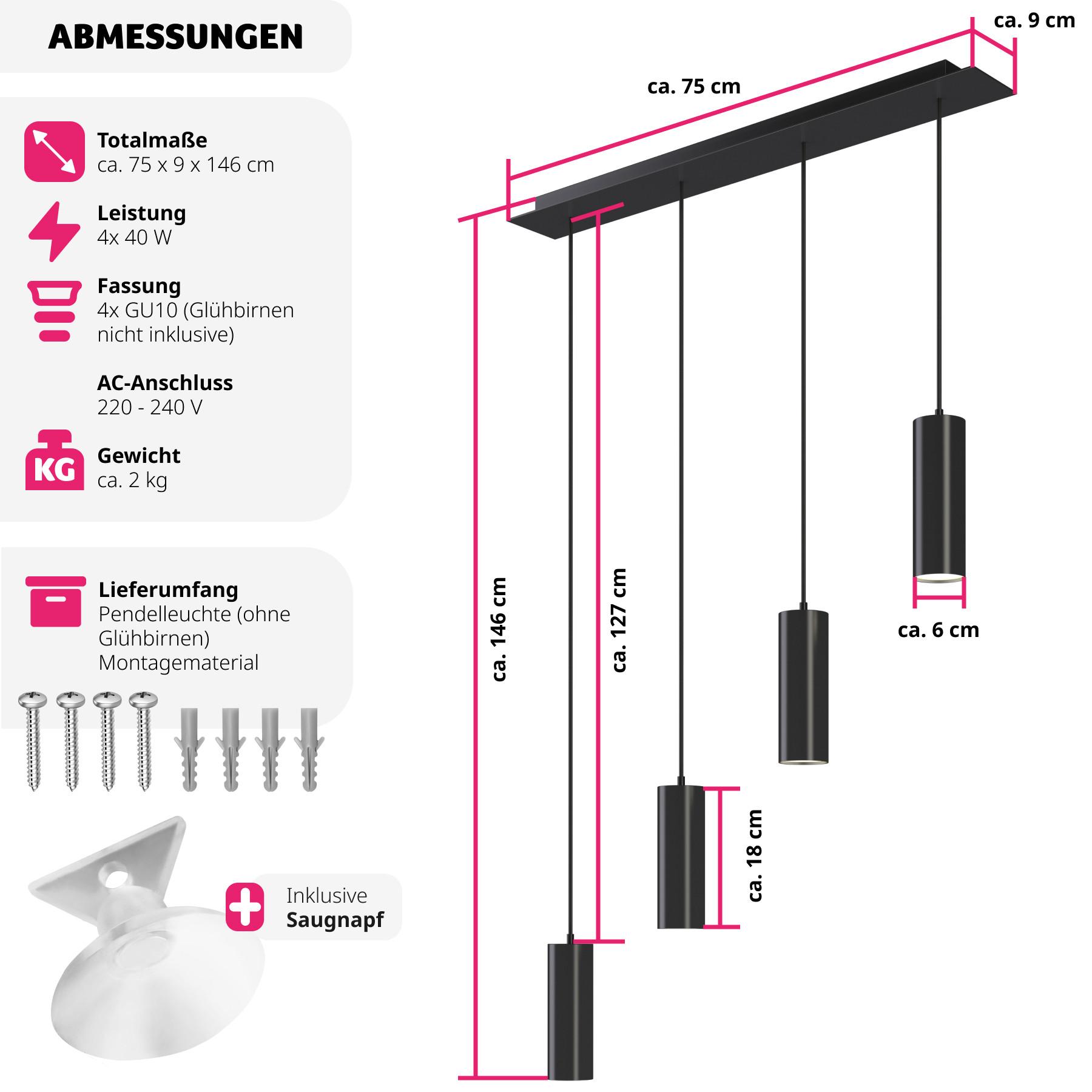 Tectake Pendelleuchte Lumea, 4-flammig, längenverstellbare Kabel  