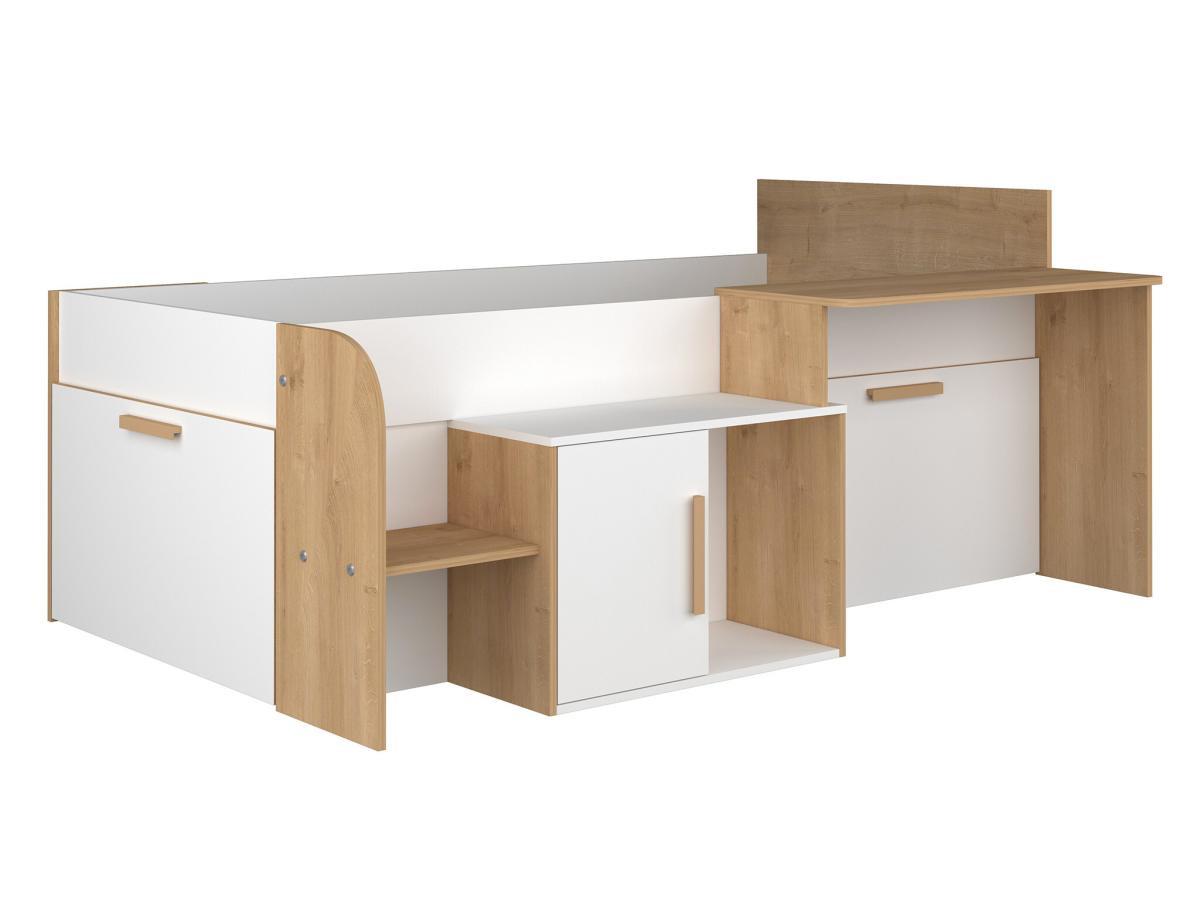 Vente-unique Lit combiné 90 x 200 cm avec bureau et rangements - Coloris : Blanc et naturel - PEDRO  