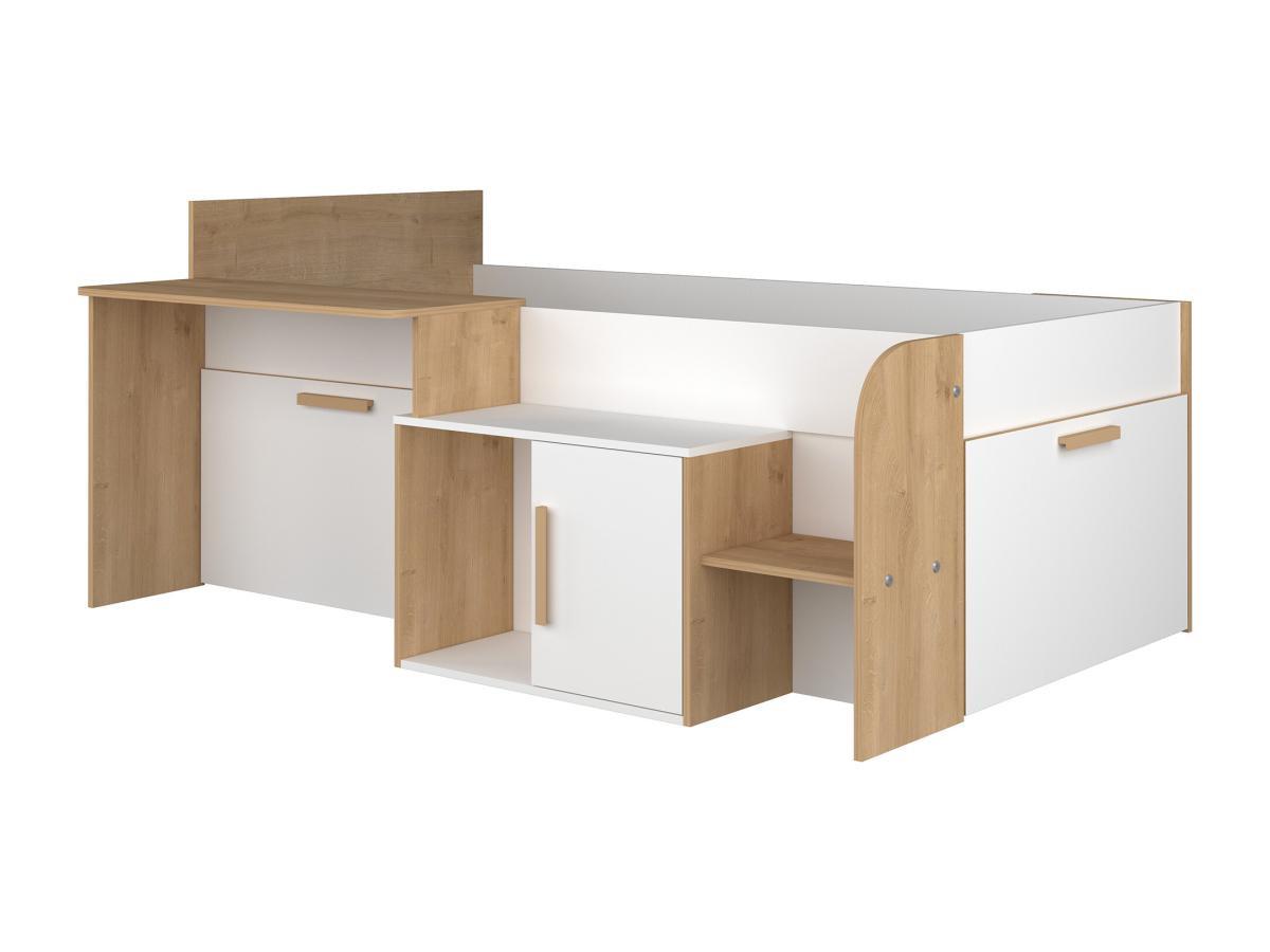 Vente-unique Lit combiné 90 x 200 cm avec bureau et rangements - Coloris : Blanc et naturel - PEDRO  