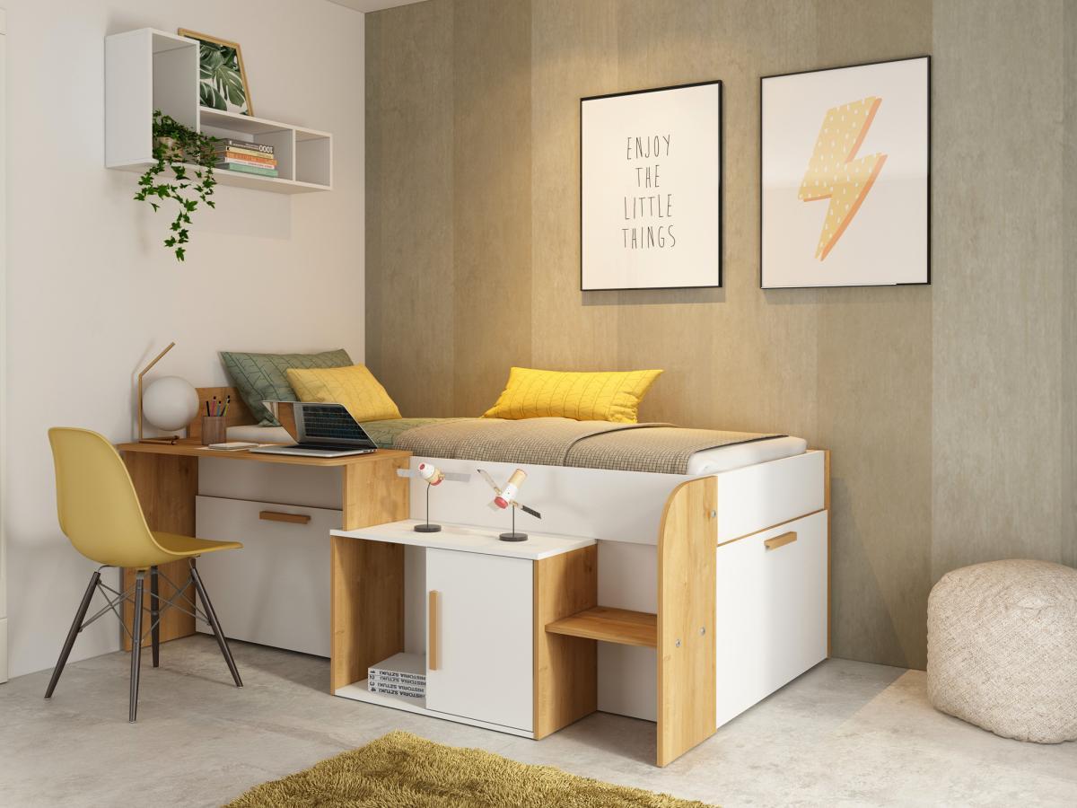 Vente-unique Lit combiné 90 x 200 cm avec bureau et rangements - Coloris : Blanc et naturel - PEDRO  