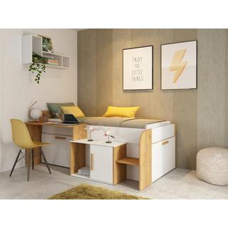 Vente-unique Lit combiné 90 x 200 cm avec bureau et rangements - Coloris : Blanc et naturel - PEDRO  