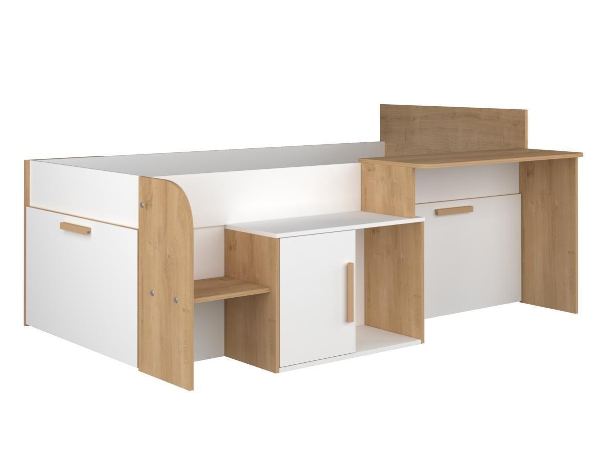 Vente-unique Lit combiné 90 x 200 cm avec bureau et rangements - Coloris : Blanc et naturel - PEDRO  